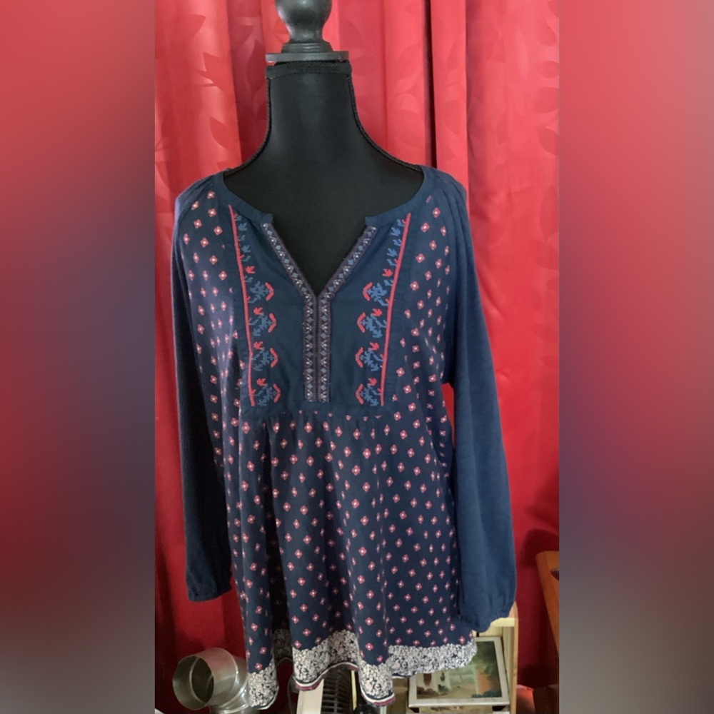 Vintage America Navy and Red Embroidered Blouse